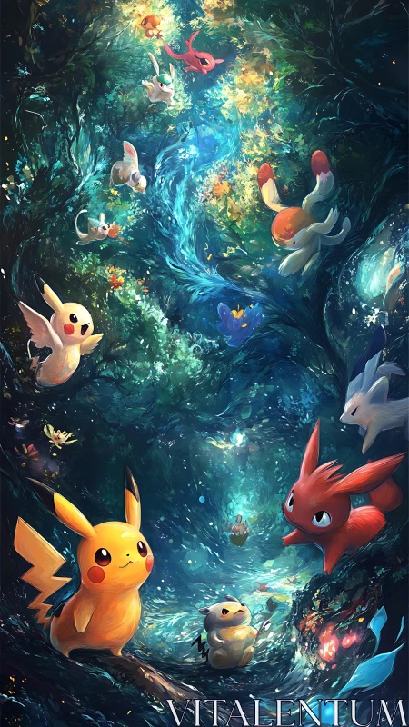 Pokemon gather in a glowing enchanted forest vortex