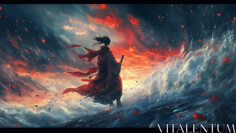 Samurai silhouette confronting storm-lit inferno seascape.