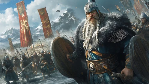 Viking war leader stands before armored army in snow field