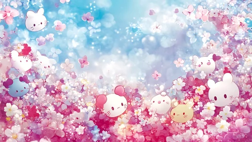 Pastel chibi animal faces drift through luminous cherry petals