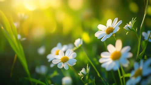 White Daisies with Golden Centers in Soft-Focus Natural Sunlight