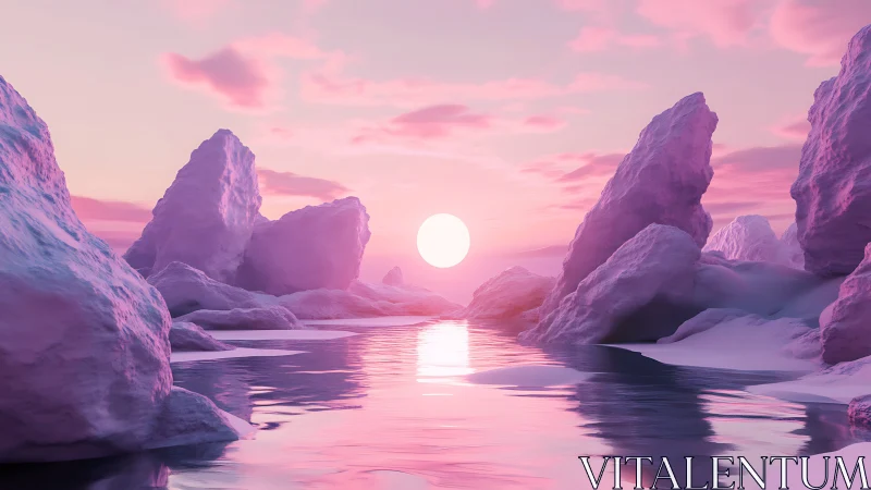 Pastel icebergs drift quietly beneath a candy sunrise glow