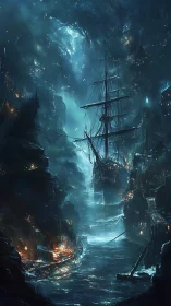 Tall masted ship occupies narrow cove between dark rocky cliffs