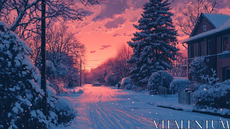 Snowy suburban street under vivid pink winter sunset.