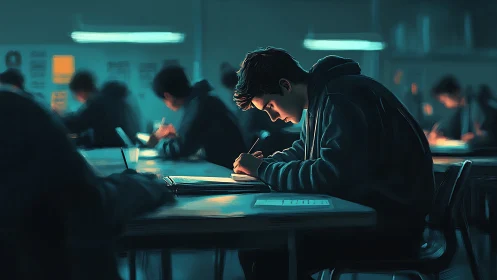 Focused student in moody teal classroom lighting scene.