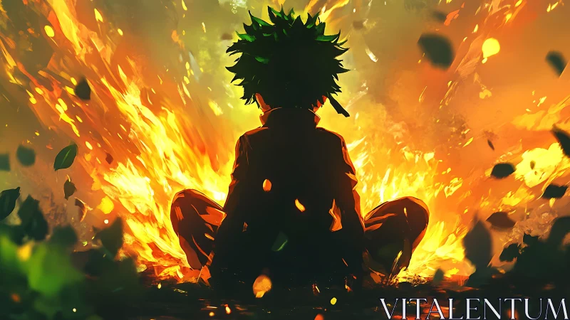 Silhouetted anime hero seated before raging orange fire.