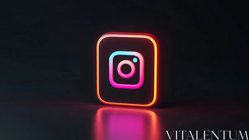Neon Instagram camera icon on dark reflective background.