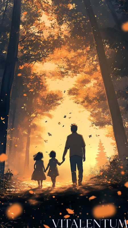 Family walks into golden autumn forest light together