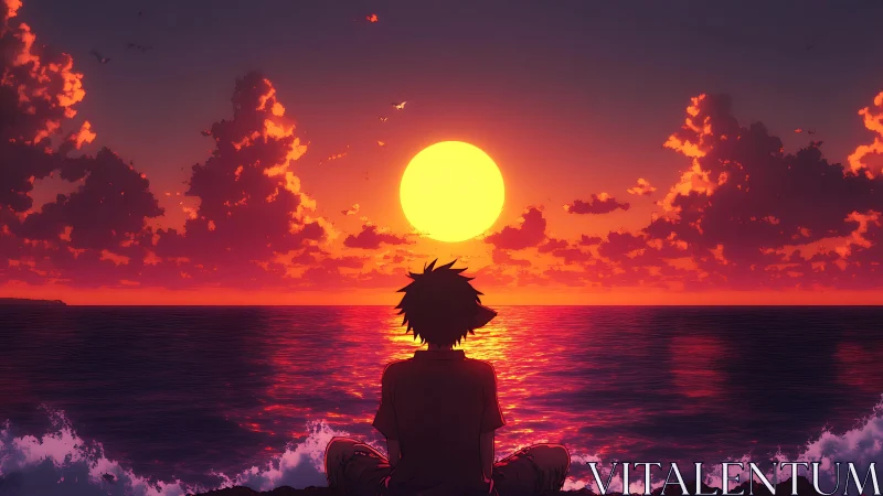 Silhouetted person watches stylized sun set over calm sea