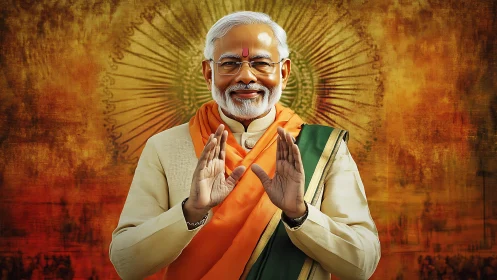 Digital portrait of an older man in saffron attire, posed.