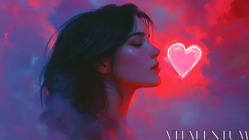 Neon heart portrait in pink and purple luminescence.