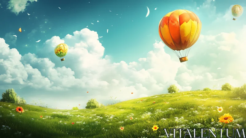 Vibrant hot air balloons drift above a sunlit spring meadow