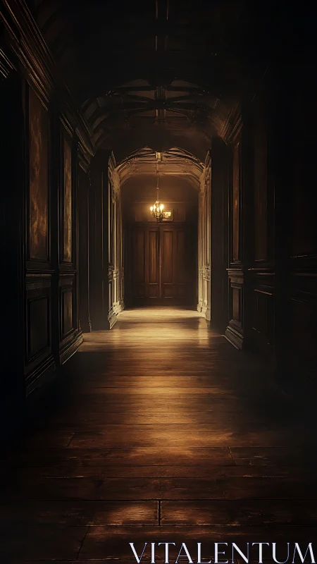 Coffered corridor with volumetric lamplight and receding vanishing point.