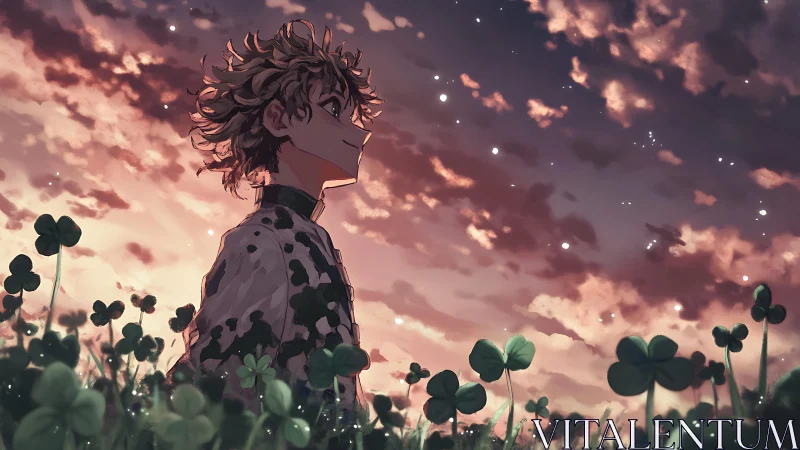 Anime boy in clover field under glowing sunset sky.
