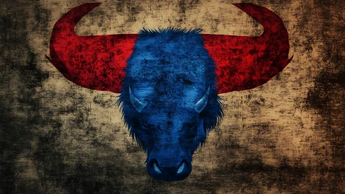 Blue buffalo head with red horns on distressed canvas