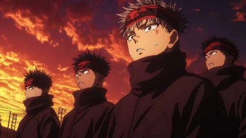 Anime fighters stand united beneath a blazing sunset sky