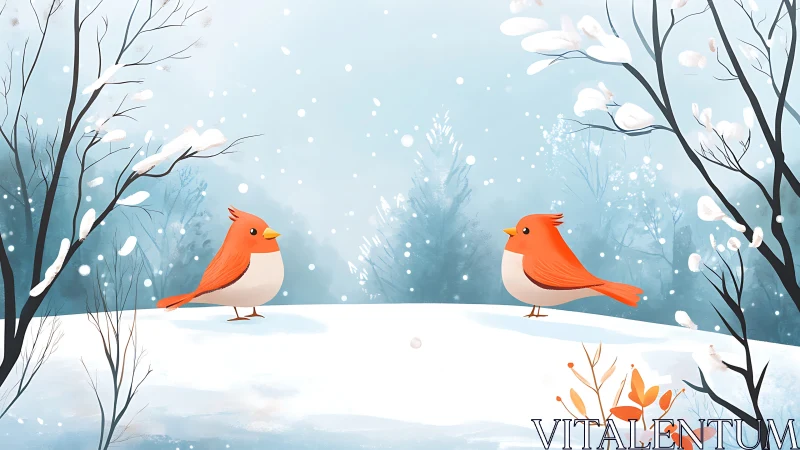 Scarlet songbirds on snowy ridge in stylized winter forest.