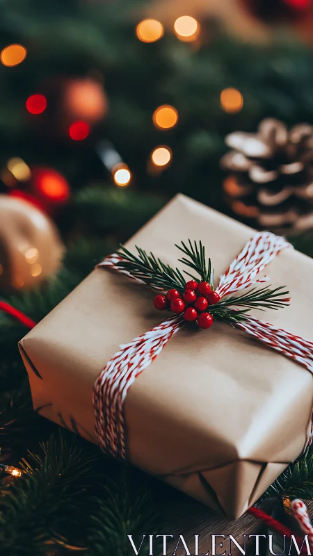 Rustic holiday gift rests among glowing Christmas lights.