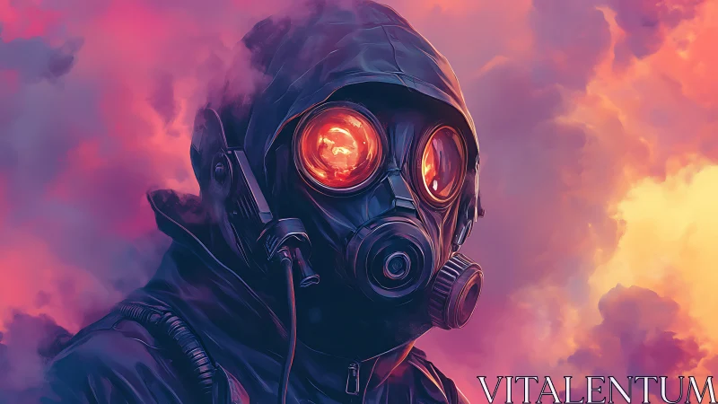 Gas mask figure in fiery goggles amid neon storm clouds.