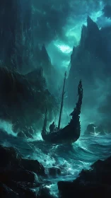 Viking longship cutting through teal storm-swept abyssal sea.
