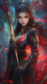 Warrior woman holds ornate spear in glowing fantasy armor