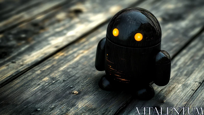 Glossy black robot toy stands on weathered wooden boards