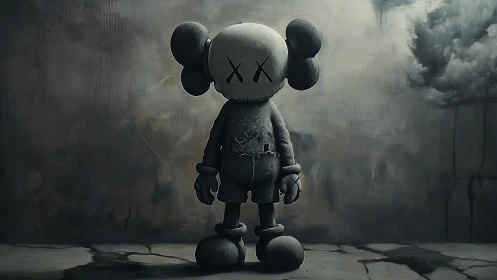 Monochrome pop-surreal mascot stands in decayed urban void