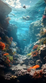 Sunlit coral canyon glows beneath crystal clear waves.