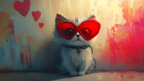 Whimsical Cat in Heart Sunglasses Against Vibrant Abstract Background.
