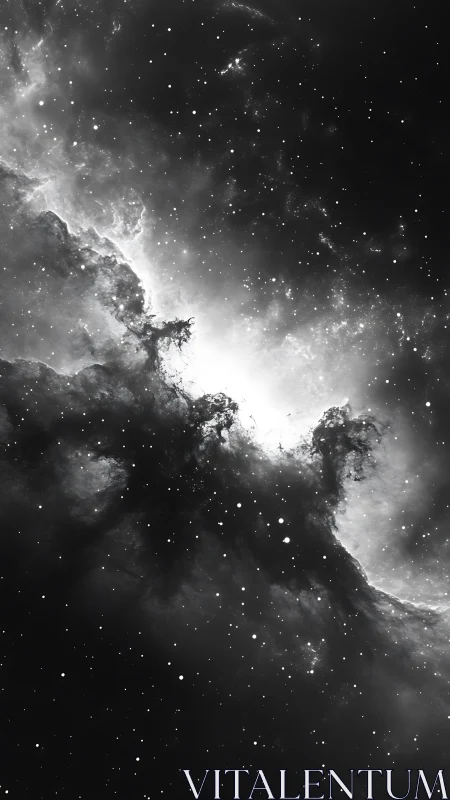 Monochrome interstellar gas cloud with scattered star field.