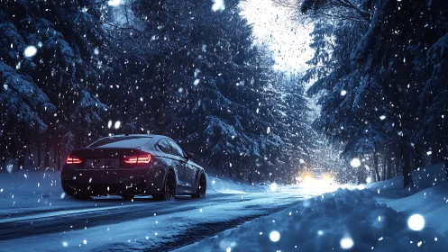 Snowy forest road with cozy winter night drive scene.