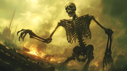 Colossal skeletal giant strides through burning harbor ruins
