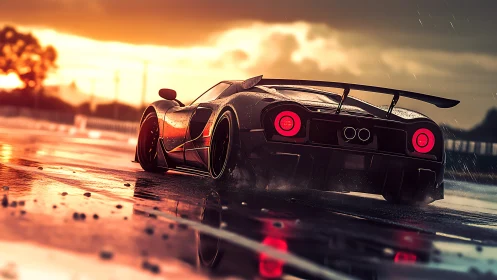 Sleek supercar powers through rainy track at blazing sunset