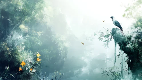 Solitary bird on misty cliff in lush green forest scene.