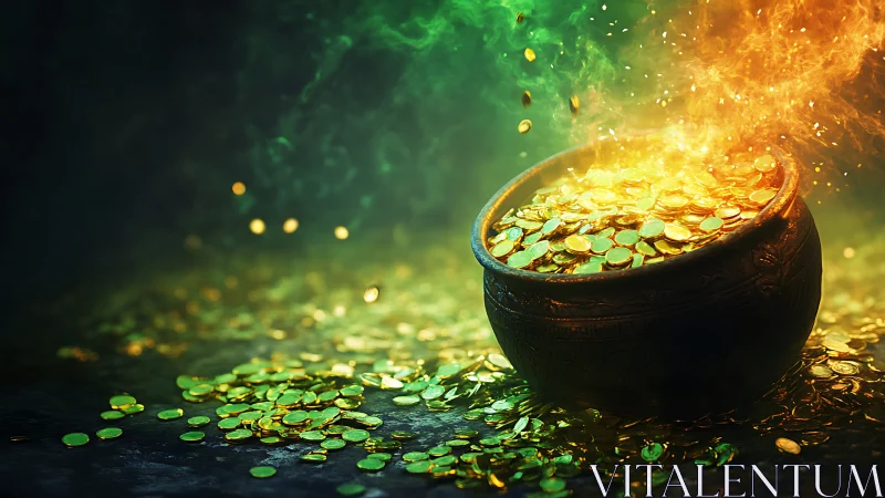 Enchanted cauldron overflows with glowing gold coins.