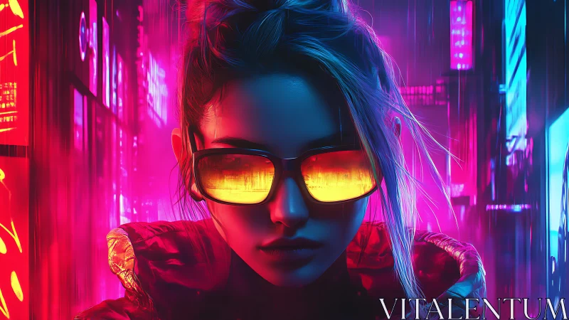 Neon-lit cyberpunk woman stares through blazing amber shades.