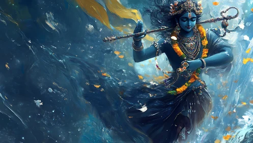 Blue-skinned divine figure dancing in swirling blue water