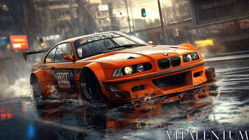 Orange BMW race car cornering in wet urban street under heavy rain