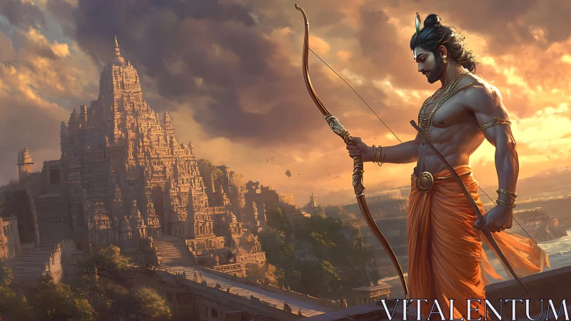 Digital painting of mythic archer before monumental temple complex.