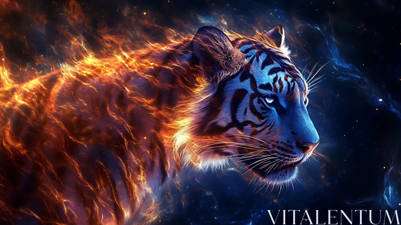 Starlit ember tiger prowls through cosmic nightfire dreamscape.