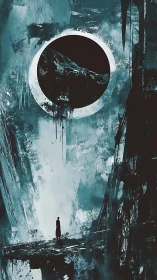 Solitary wanderer gazes up at a looming cosmic eclipse