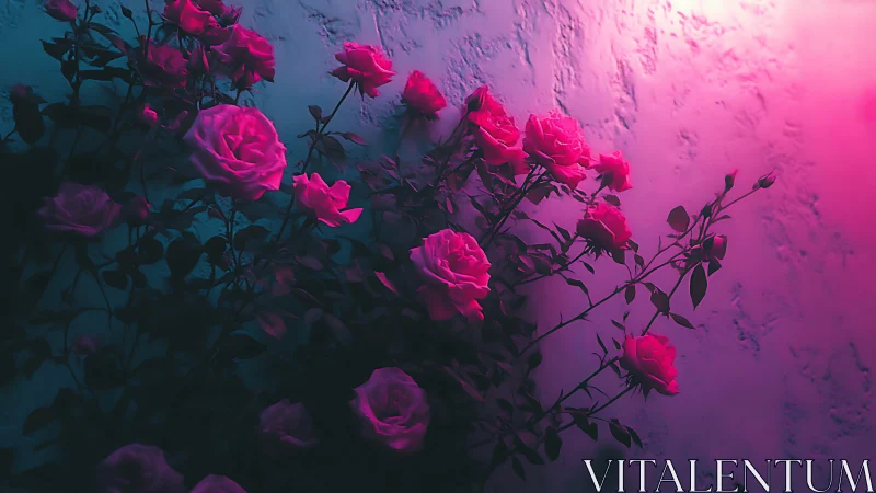 Neon Roses Against Textured Wall in Pink and Blue Light.