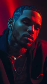 Moody portrait in neon red and blue cinematic lighting.