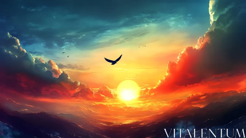 Soaring into a glowing sky of firelit clouds and calm seas.