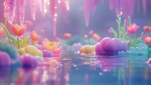 Dreamy Tulip Garden with Pastel Orbs and Glowing Bokeh Lights