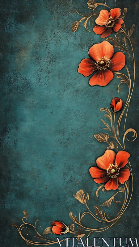 Red poppy floral border on textured teal background.