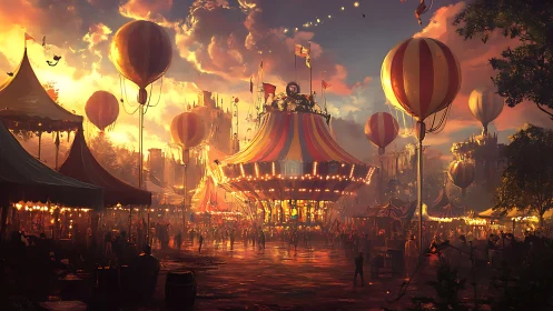 Digital painting of luminous carnival midway at sunset glow.