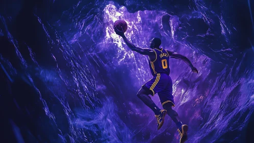Dynamic basketball player leaps through glowing cosmic vortex