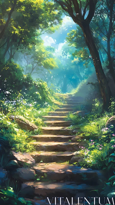 Luminous Forest Path Leading Through Towering Trees.