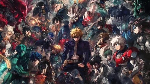 Dynamic anime ensemble showcases chaotic hero and villain standoff